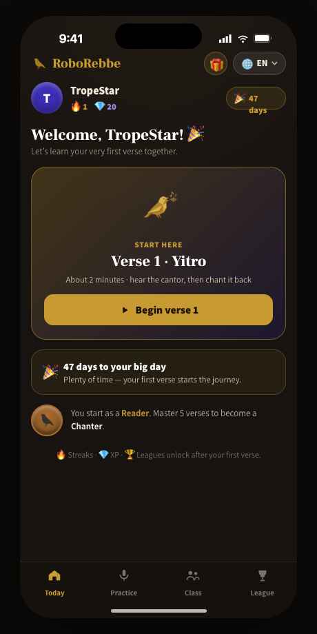 RoboRebbe home screen showing today's verse and progress