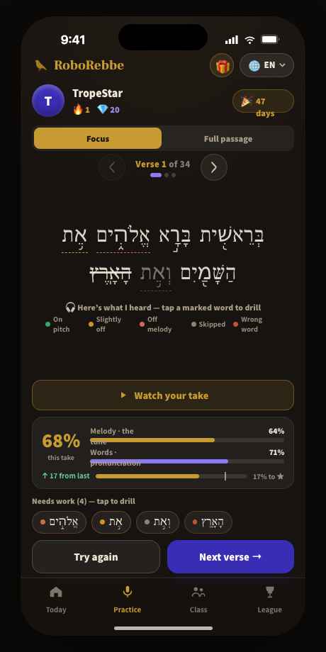 RoboRebbe scoring screen with word-by-word Hebrew feedback